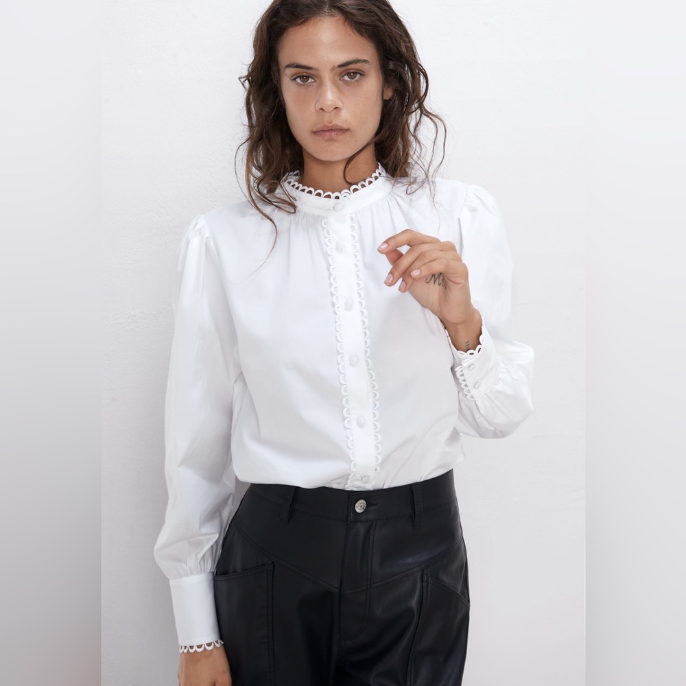 ZARA White Scallop Trim Poplin Button Down Shirt Blouse